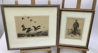 Winifred Austen (1876-1964) one signed etching and a print, 'The first shot' and mallards in flight