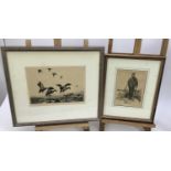 Winifred Austen (1876-1964) one signed etching and a print, 'The first shot' and mallards in flight