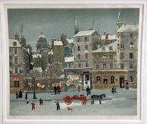 Michel Delacroix (b. 1933) lithograph - Snowy street, signed and numbered 43 / 150, image 46 x 55cm