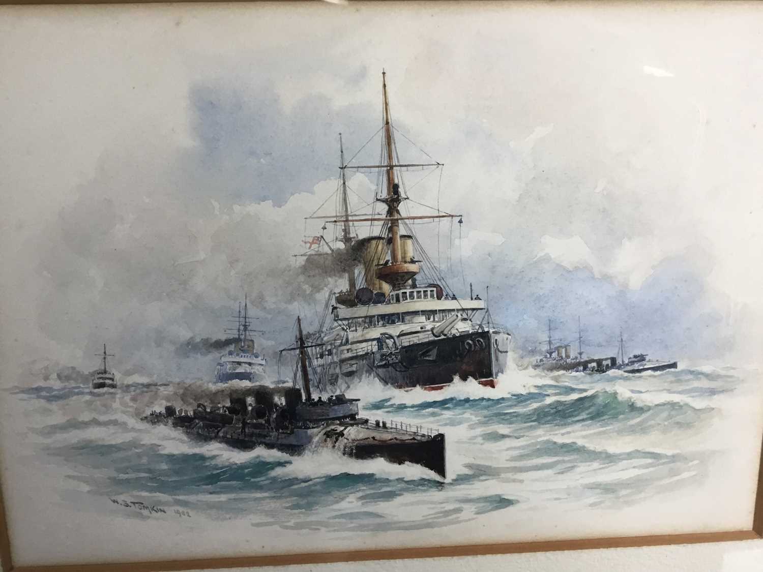 William Stephen Tomkin (1861-1940) watercolour - Destroyers at Sea, signed and dated 1902 - Image 3 of 4