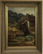 Victorian English School oil on canvas - figure before a Watermill, 24cm x 34cm, in gilt frame