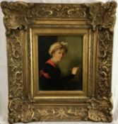 19th century-style oil on board - portrait of a female artist, in gilt frame