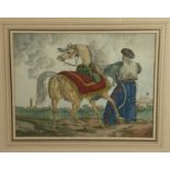 Antique watercolour of a Turkish soldier with a horse together with another (2)
