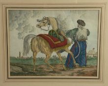 Antique watercolour of a Turkish soldier with a horse together with another (2)