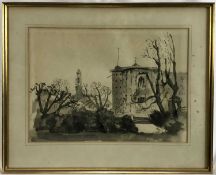 Mid 20th century wash picture depicting Colchester castle, signed and dated '48, 26 x 37cm, glazed f