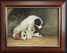 Henry Percy, oil on board, A black and white dog with her pups, signed, framed, 14.5 x 19.5cm