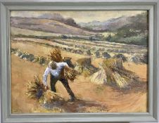 20th century English school oil on board study, harvest landscape gathering straw, in painted wood f