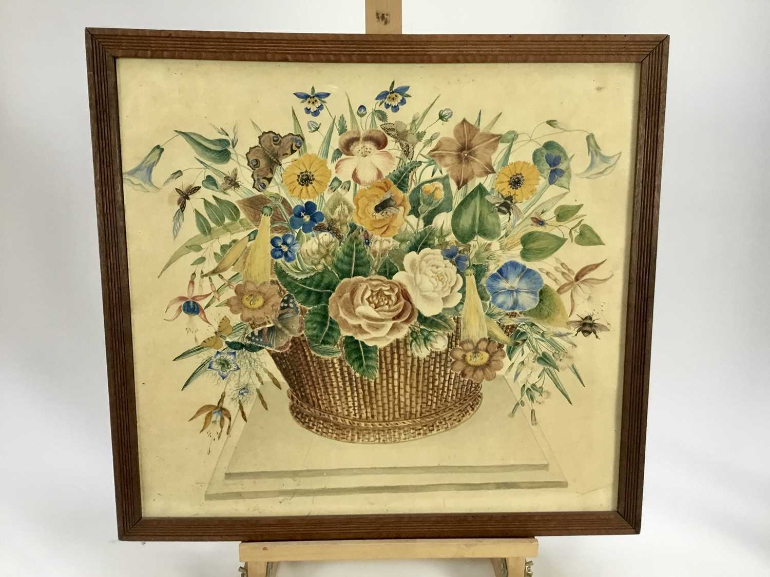 19th century watercolour of basket of flowers, 43cm x 47cm - Image 2 of 5