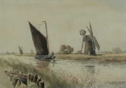 William Leslie Rackham (1864-1944) watercolour - Mill and Wherry, Reedham