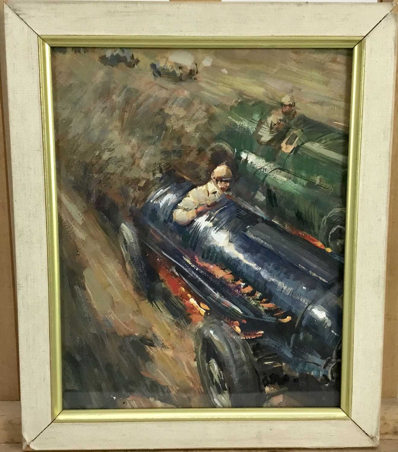 English School mid 20th Century, gouache, A dramatic racing car scene, 23 x 18cm in glazed frame