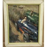 English School mid 20th Century, gouache, A dramatic racing car scene, 23 x 18cm in glazed frame