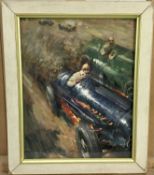 English School mid 20th Century, gouache, A dramatic racing car scene, 23 x 18cm in glazed frame