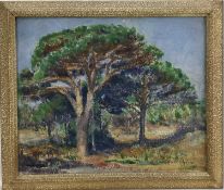 Mid 20th century oil on canvas - trees in landscape, indistinctly signed, 45cm x 37cm, framed