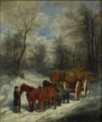 Manner of Thomas Smythe (1825-1907) oil on canvas - The Timber Wagon in snow covered woodland