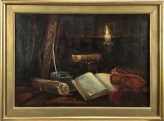 English School, late 19th century, still life with fez, 38 x 57cm, framed