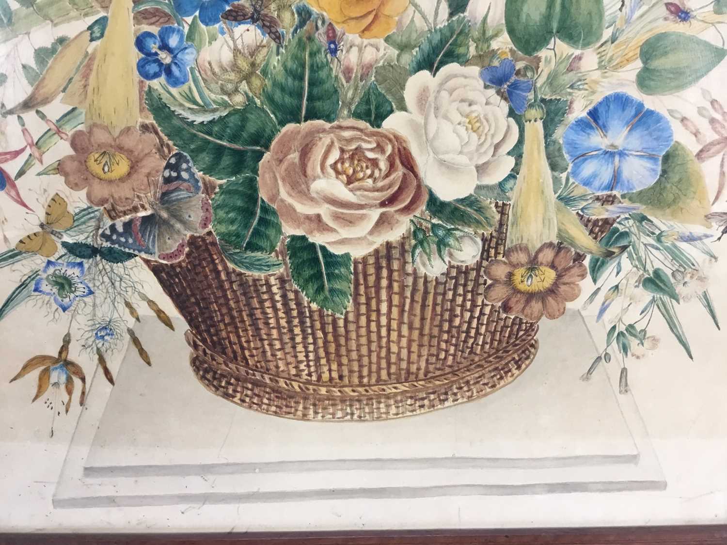 19th century watercolour of basket of flowers, 43cm x 47cm - Image 3 of 5