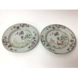 Pair of 18th century Chinese famille rose porcelain plates, decorated with deer, 23cm diameter