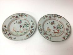 Pair of 18th century Chinese famille rose porcelain plates, decorated with deer, 23cm diameter