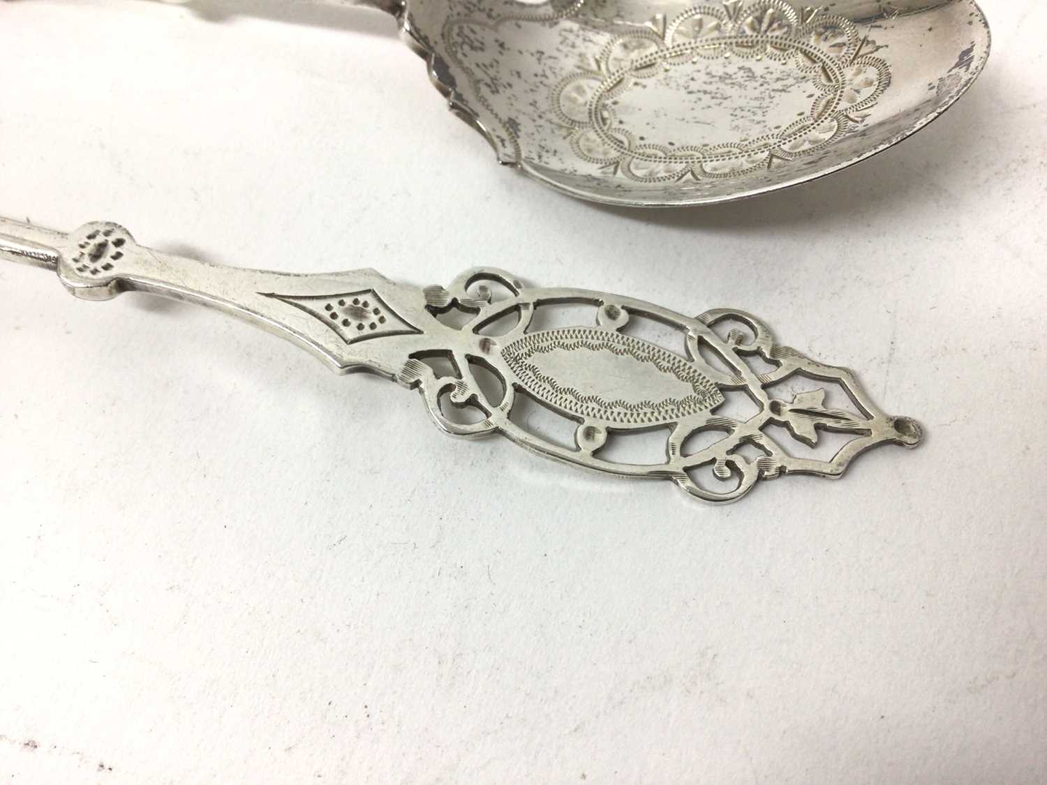 Pair of Mappin &Webb pierced and engraved silver spoons, Sheffield 1919, 16cm longs - Image 2 of 5