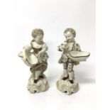 Pair of continental porcelain figures of a boy and girl, shown holding baskets, on scrollwork bases,
