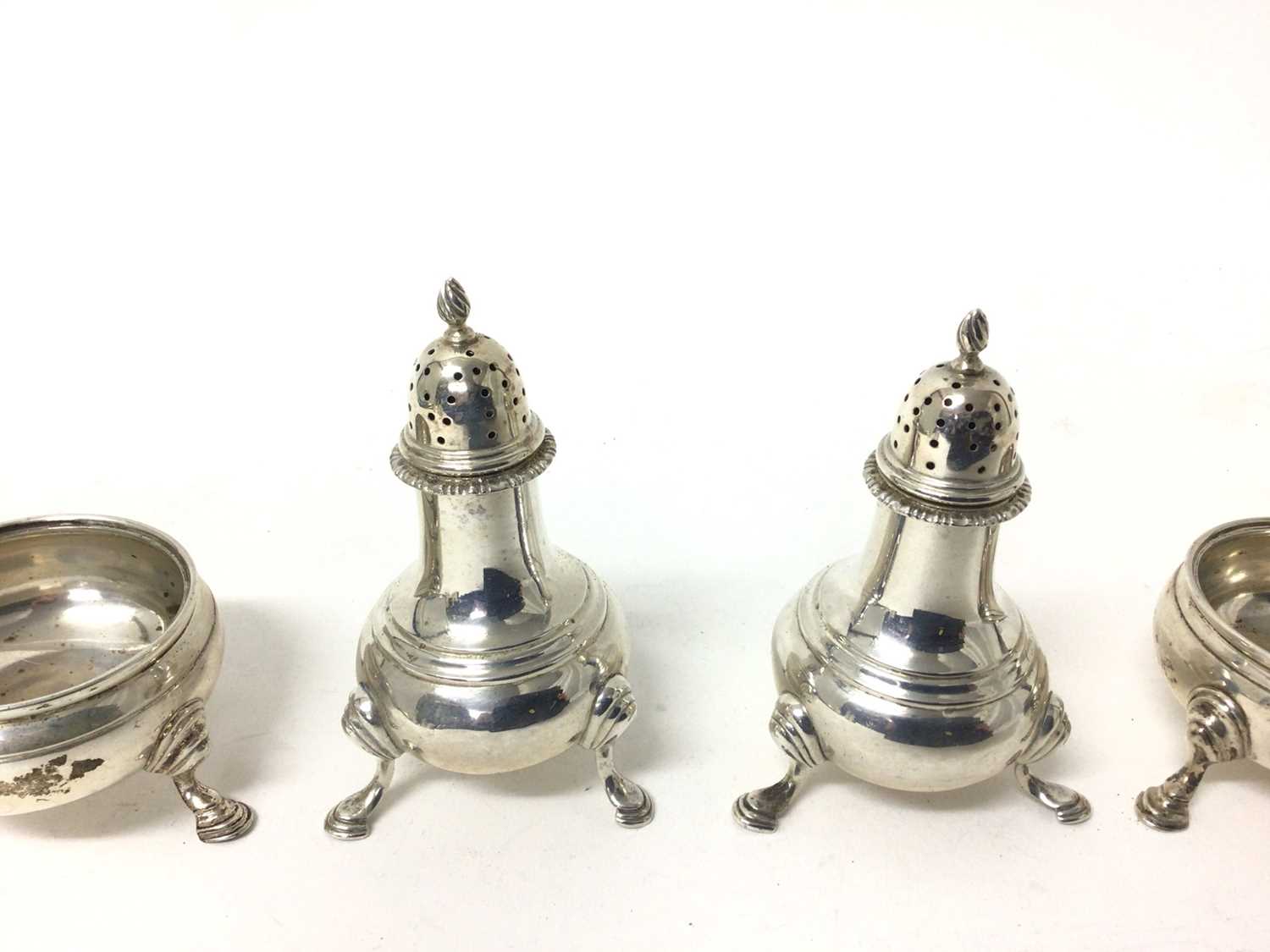 Sterling silver four-piece cruet set, London 1957 and 1968, with hoof feet - Image 2 of 2