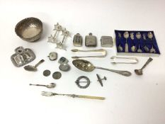 Miscellaneous group of silver and plated wares to include an Art Deco silver flask, Burmese white me