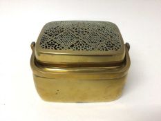 19th century Chinese brass hand warmer with pierced cover, 20cm across