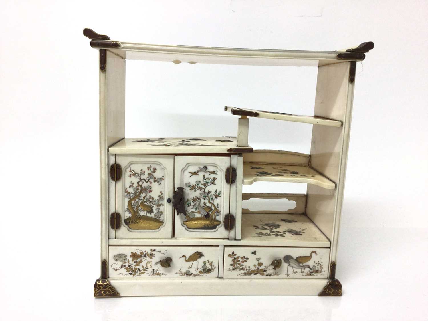 19th century Japanese ivory shibayama cabinet, finely decorated with birds and flowers, 20cm high (s