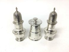 Silver pepper grinder, James Dixon & Sons, Sheffield 1940, together with a pair of silver casters, L