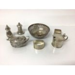Group of miscellaneous silver to include two mustard pots, two pepperettes, a bonbon dish and two na