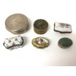 Collection of trinket boxes, including one silver with a Christies label to base, one painted ivory,