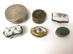 Collection of trinket boxes, including one silver with a Christies label to base, one painted ivory,