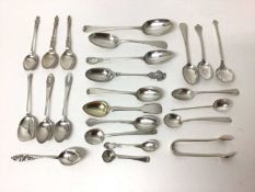 Assorted 19th and 20th century silver tea and salt spoons, and a pair of sugar nips