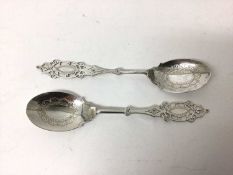 Pair of Mappin &Webb pierced and engraved silver spoons, Sheffield 1919, 16cm longs