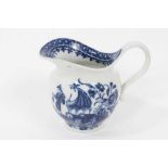 An unusual Caughley helmet shaped milk jug, printed in blue with the Fisherman and Cormorant pattern