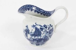 An unusual Caughley helmet shaped milk jug, printed in blue with the Fisherman and Cormorant pattern