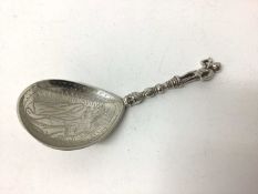 Continental silver spoon, probably Norwegian, the bowl engraved with the Virgin and child, the back