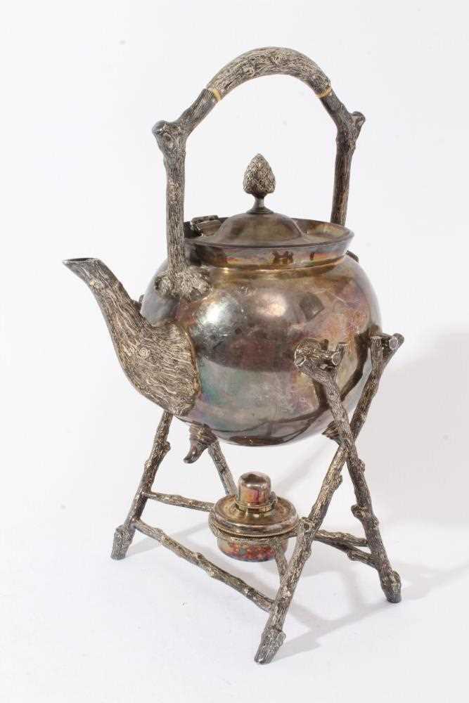 Victorian silver plated tea kettle on burner stand