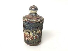 19th century Chinese ivory carved and stained snuff bottle, decorated with figural scenes, seal mark