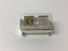 Silver double stamp box on ball feet, two compartments, hallmarked Birmingham 1899