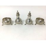 Sterling silver four-piece cruet set, London 1957 and 1968, with hoof feet