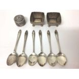 Set six silver coffee spoons, pair silver salts and Continental silver (800) pill pot