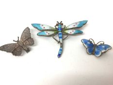 Norwegian silver and enamel butterfly brooch, two further butterfly brooches