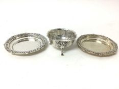 Heavy pair of Goldsmiths & Silversmiths silver dishes with reeded borders, London 1937, together wit