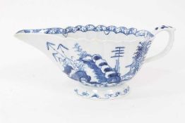 A Bow large sauce boat, painted in blue with the Desirable Residence pattern, circa 1760