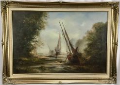 20th century oil on canvas of boats, in gilt frame, signed Dyer