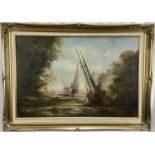 20th century oil on canvas of boats, in gilt frame, signed Dyer