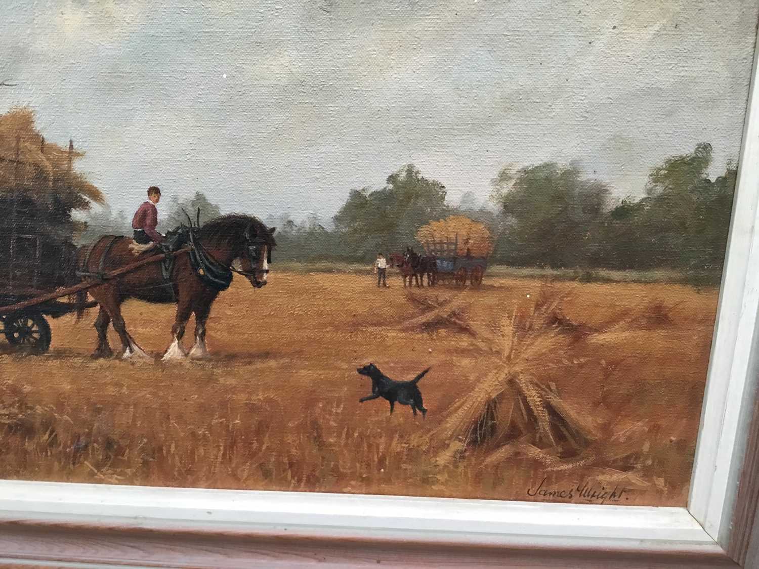 James Wright (b.1935) oil on canvas - hay making, 44cm x 29cm, framed - Image 3 of 5