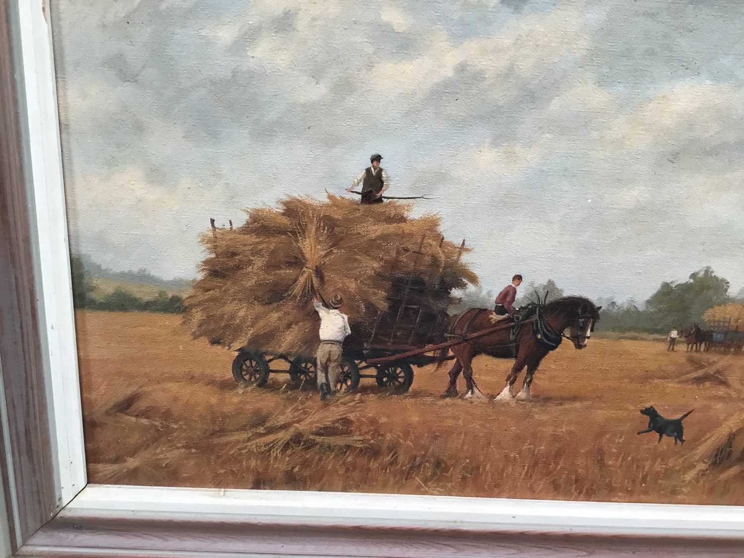James Wright (b.1935) oil on canvas - hay making, 44cm x 29cm, framed - Image 2 of 5