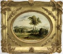 English School late 19th Century, oil on artist board, An oval of an extensive landscape with cattle